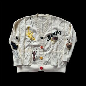 Ebossy Cable Knit Cardigan Sweater Size Medium Button Down Embroidered Ivory